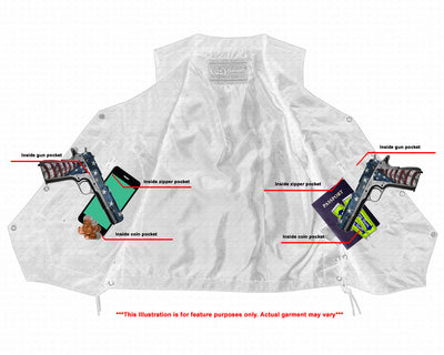 Image of an opened Daniel Smart Men's Textile Ten Pocket Utility Vest made from premium textile material, with labeled pockets holding items including guns, a phone, coins, and a passport. Text at the bottom states, "This illustration is for feature purposes only. Actual garment may vary.