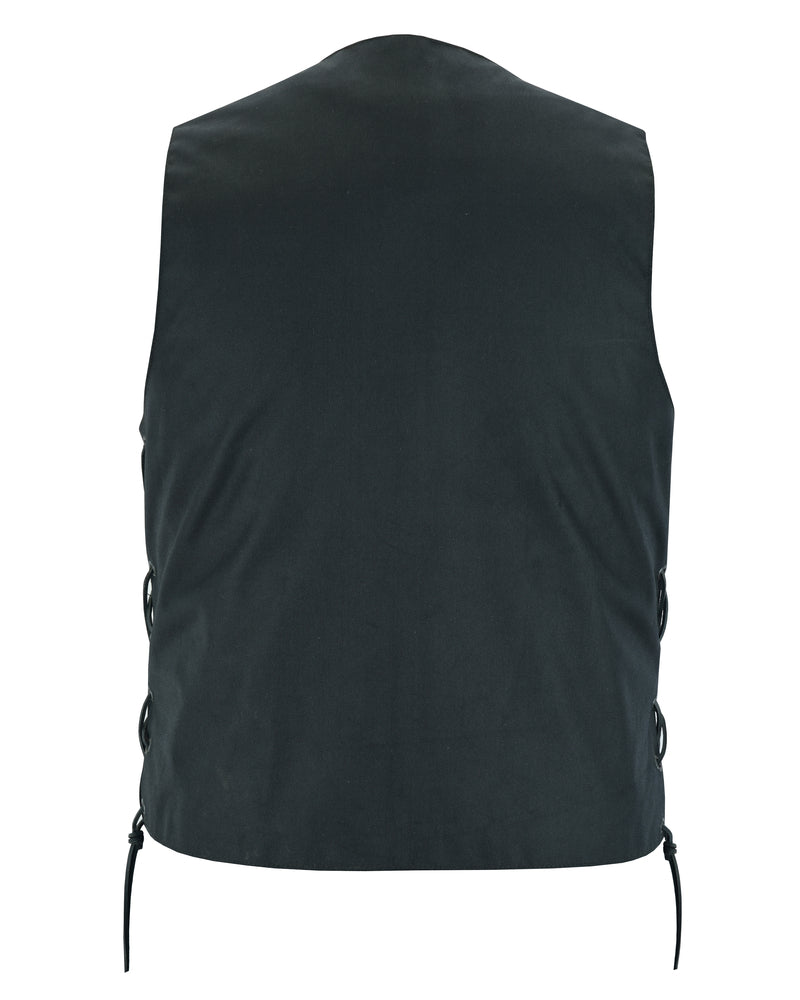 Daniel Smart Men's Textile Ten Pocket Utility Vest with adjustable lace-up sides, featuring concealed gun pockets, viewed from the back against a plain white background. Perfect for achieving those edgy MC looks while offering functionality and style.