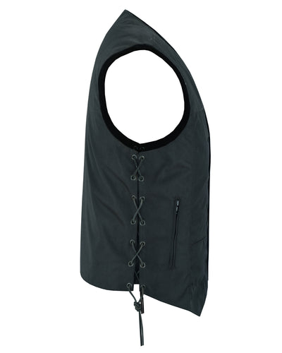 A Daniel Smart Men's Textile Ten Pocket Utility Vest with a lace-up front, zippered side pocket, and trendy MC looks.