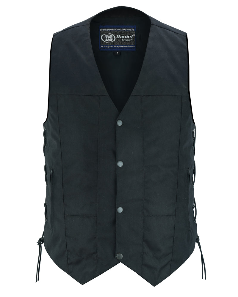 Daniel Smart Men's Textile Ten Pocket Utility Vest with a V-neck, front button closure, side laces, and concealed gun pockets for a sleek MC look.