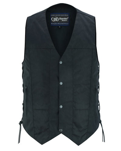 Daniel Smart Men's Textile Ten Pocket Utility Vest with a V-neck, front button closure, side laces, and concealed gun pockets for a sleek MC look.