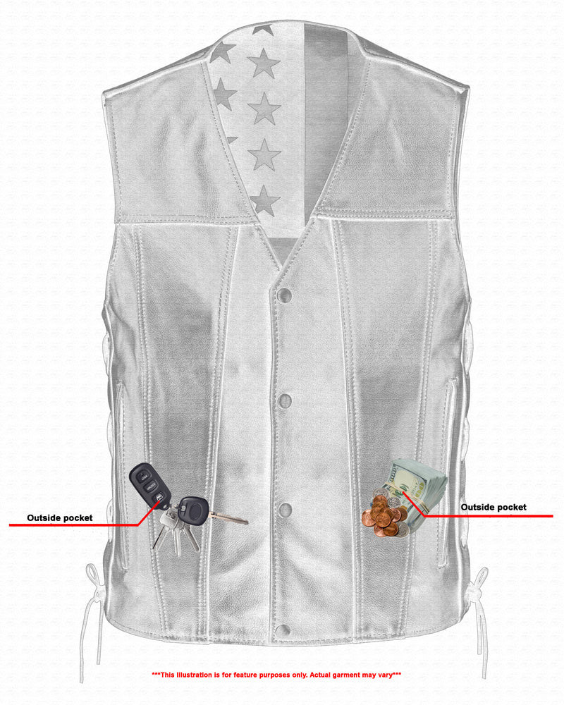 Illustration of a Daniel Smart Honor Ride made from premium grade milled cowhide, with an American flag design on the inside, showing outside pockets holding car keys and cash. The vest also features concealed gun pockets for added utility.