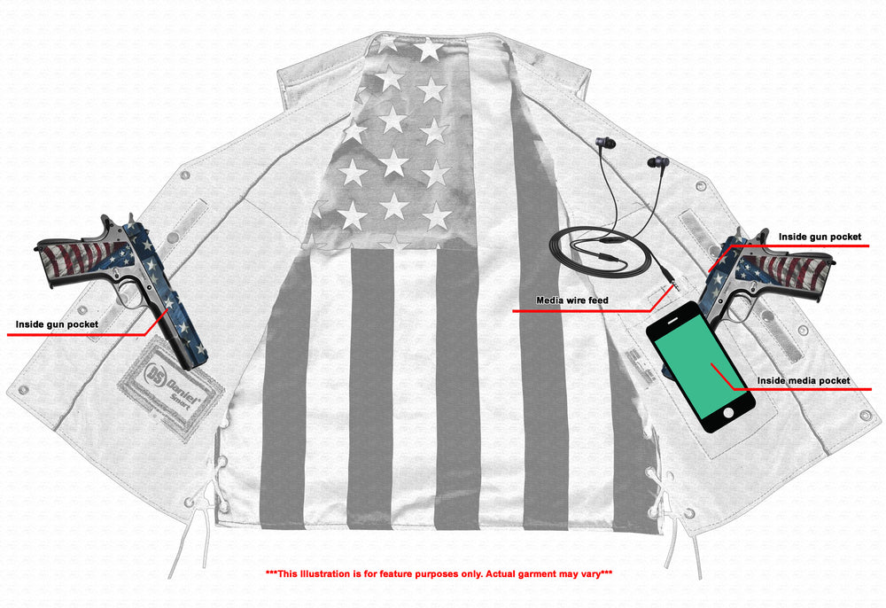 The Daniel Smart Honor Ride features a large American flag design on the back, inside pockets for concealed guns, and reinforced shoulder support. Items in the pockets include two handguns and a media device with earphones. Made from premium grade milled cowhide, text states that the image is for illustration purposes only.