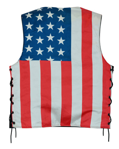 The Daniel Smart Honor Ride, made from premium grade milled cowhide, features the design of the American flag with white stars on a blue background at the top left and alternating red and white vertical stripes. The sides are laced up with black strings.