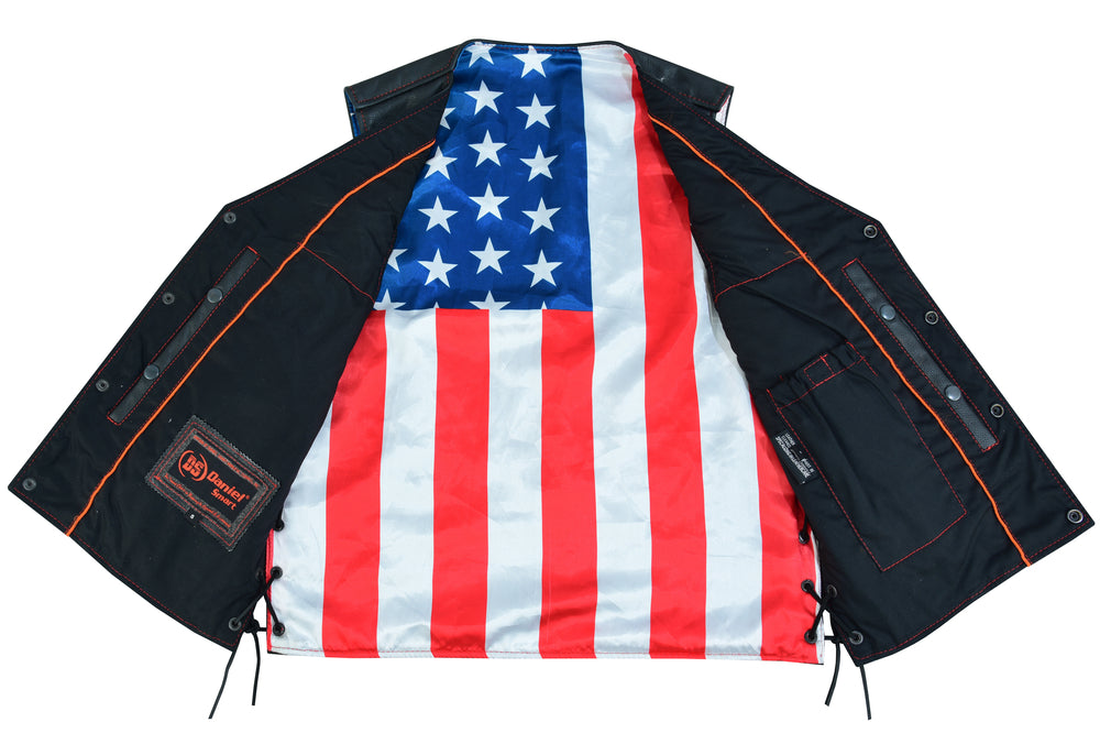 Daniel Smart Honor Ride with its interior lining displaying the American flag design, including red and white stripes and white stars on a blue background. Crafted from premium grade milled cowhide, it features concealed gun pockets for added security and reinforced shoulder support for durability.