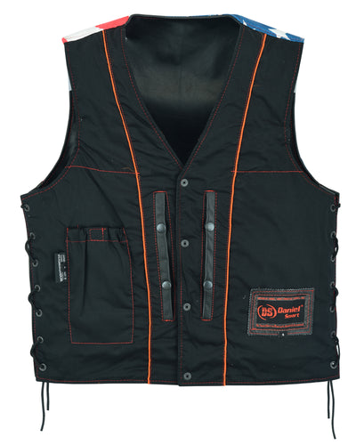 A black protective vest made from premium-grade milled cowhide with red stitching, featuring multiple pockets and a patch with the logo "Daniel Smart Honor Ride" on the front. The shoulders have reinforced support with a colored pattern, and there are concealed gun pockets for added functionality.