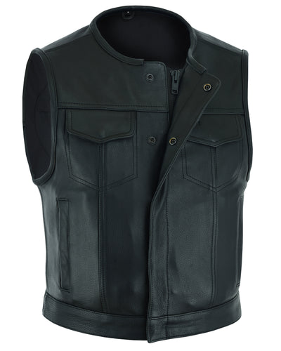 Daniel Smart Drop Zone black leather motorcycle vest with concealed gun pockets and snap-button collar.