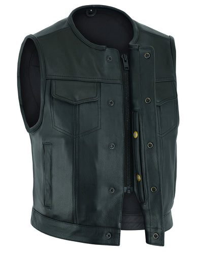 Daniel Smart Drop Zone leather motorcycle jacket with concealed gun pockets and front zipper.