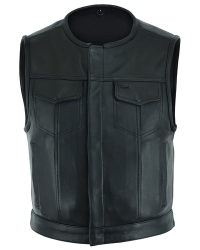 Daniel Smart Drop Zone cowhide leather motorcycle vest with concealed gun pockets.