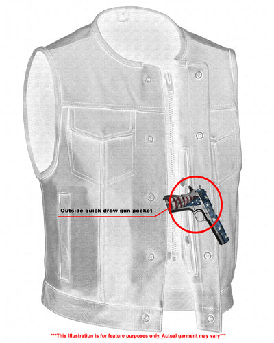 A diagram highlighting the outside quick draw gun pocket on a Daniel Smart Drop Zone heavy-duty motorcycle jacket.