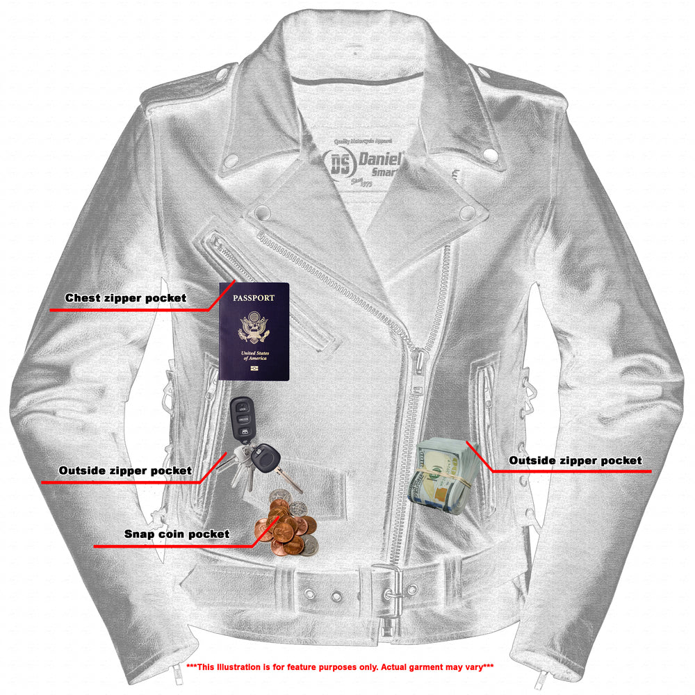 An illustrated flat lay of a Daniel Smart Women's Classic Side Lace Police Style M/C Jacket with an insulated liner, featuring designated pockets for a passport, keys, and change; disclaimer notes actual garment may vary.