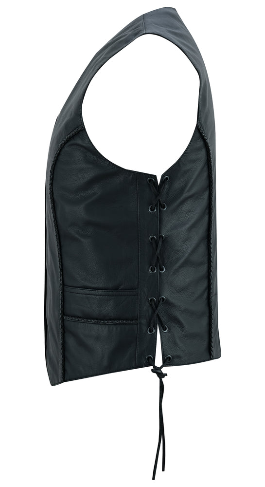 A streamlined vest crafted from black, Soft Drum Dyed Goat Leather, featuring side lacing and front pockets. Shown from the side, the front closure, side laces, and concealed gun pockets of the Daniel Smart Women's Ultra-Thin Braided Vest are visible.