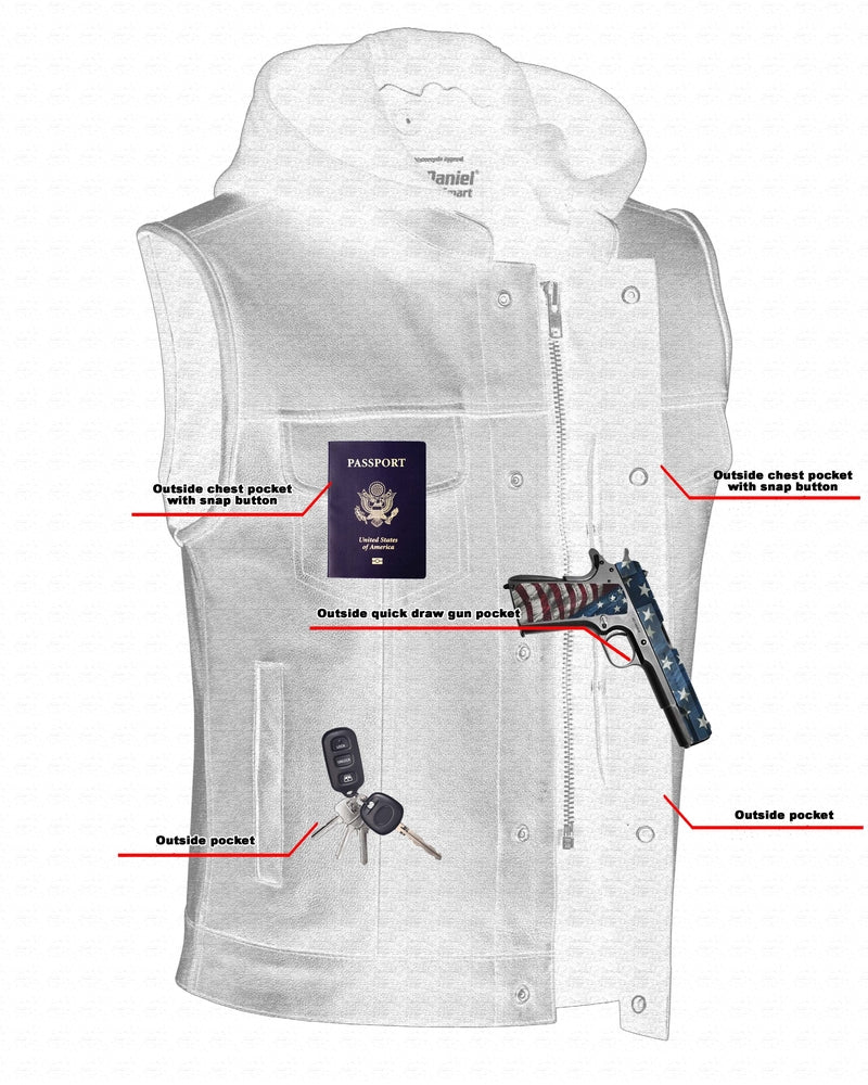 Illustration of a Daniel Smart concealed vest highlighting various pockets labeled for a passport, keys, and a quick-draw gun.