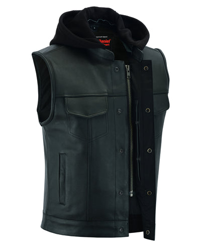 A black sleeveless leather jacket with a front zipper and snap button closure, featuring two chest pockets and an attached black hood. This versatile men's motorcycle vest also offers the convenience of a removable hood, Daniel Smart Concealed Snaps, Premium Naked Cowhide, Removable Hood & Hidden.