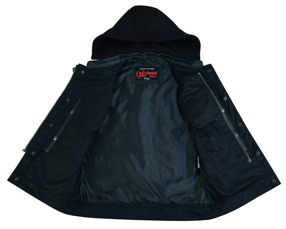 Open Daniel Smart Concealed Snaps, Premium Naked Cowhide, Removable Hood & Hidden with a visible removable hood and lining, showing a red and white label on the inside back.