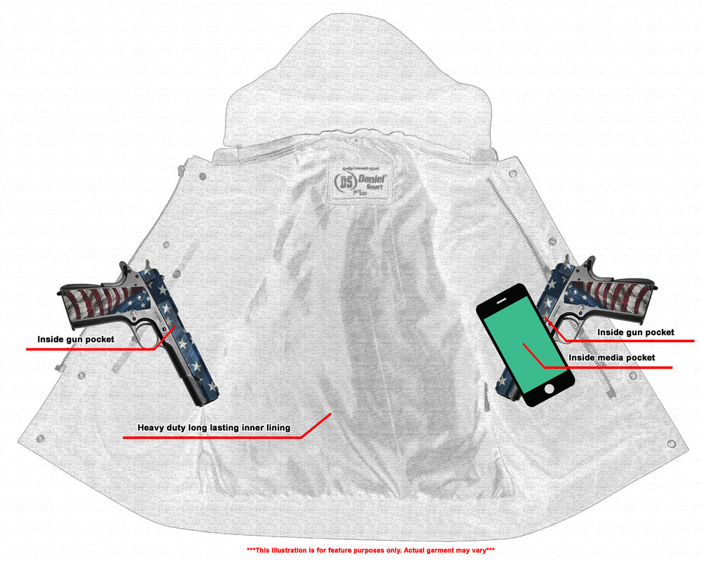 Daniel Smart Concealed Snaps, Premium Naked Cowhide, Removable Hood & Hidden with inside gun pockets on both sides, an inside media pocket, and a removable hood, displaying a phone and two guns with American flag designs.