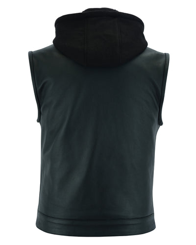 Back view of a men's motorcycle vest, featuring sleek black leather with a removable hood: Daniel Smart Concealed Snaps, Premium Naked Cowhide, Removable Hood & Hidden.