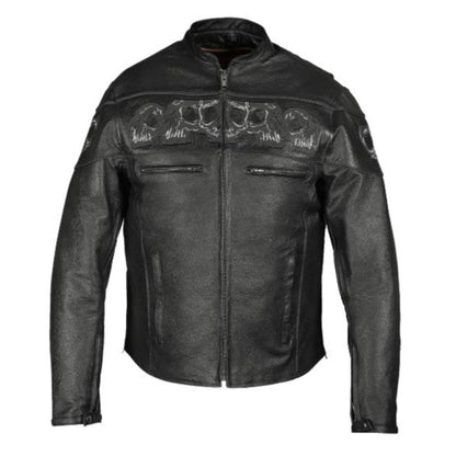 Vance Leather Reflective Skull Premium Cowhide Leather Motorcycle Jacket
