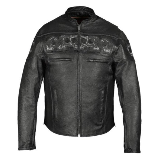 Vance Leather Reflective Skull Premium Cowhide Leather Motorcycle Jacket