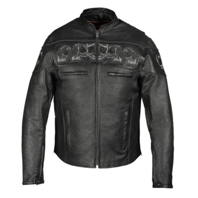 Vance Leather Reflective Skull Premium Cowhide Leather Motorcycle Jacket