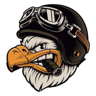 A brand new American Eagle Motorcycle Helmet Sticker of an eagle wearing a motorcycle helmet and goggles.