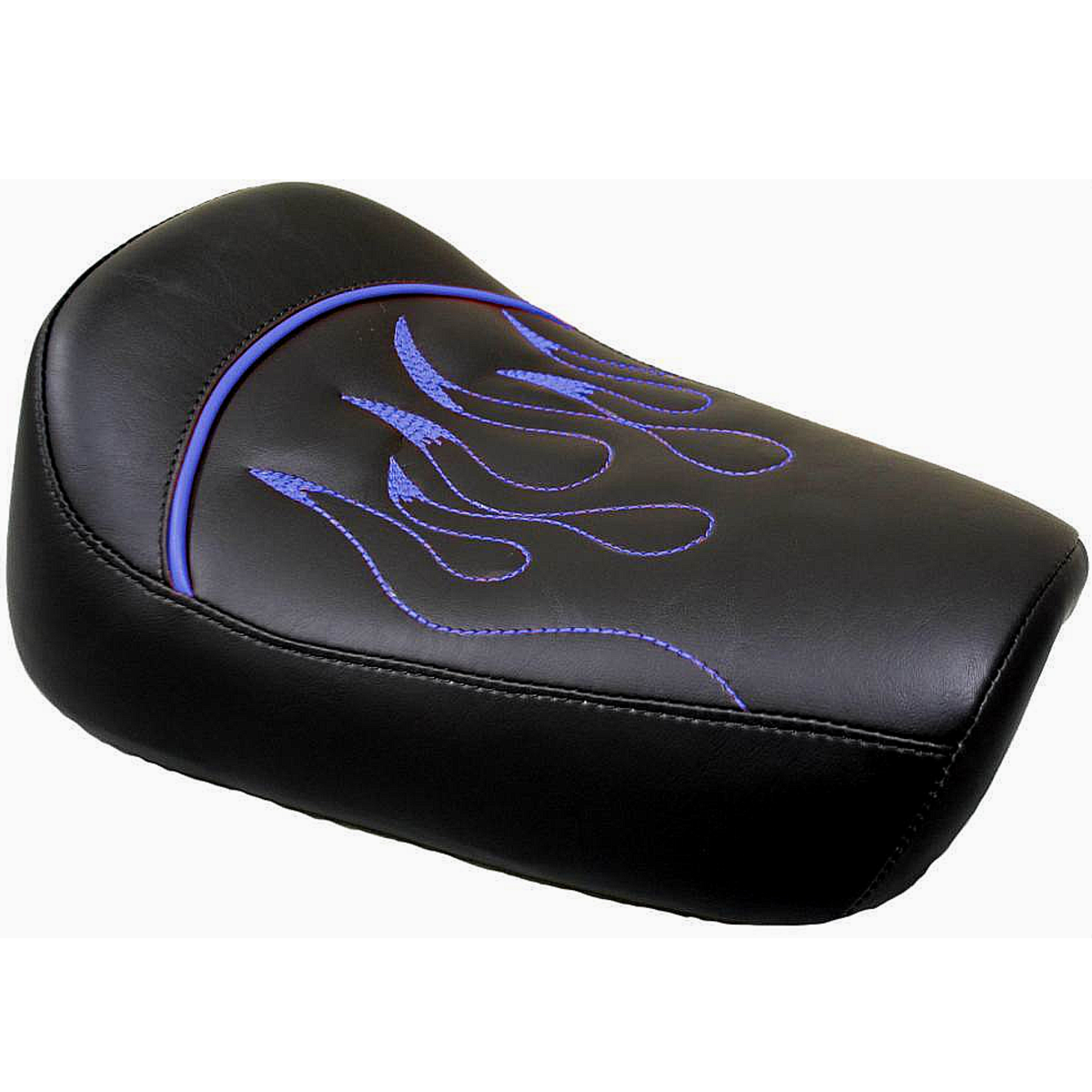 La Rosa 82-03 H-D Sportster/Nightster/Iron883/1200XL Full Size Solo Seat, Synthetic Leather, Black with Blue, White Flames