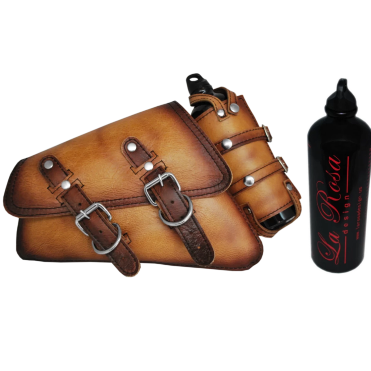 La Rosa Antique Leather Swing Arm Bag with Fuel Bottle - American Legend Rider