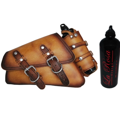 La Rosa Antique Leather Swing Arm Bag with Fuel Bottle - American Legend Rider