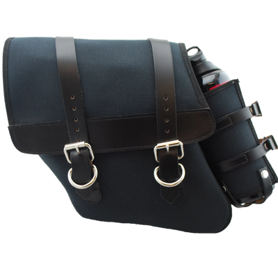 La Rosa 96-Up Harley-Davidson Dyna Solo Saddlebag, Left, Right, Black Canvas/Black Leather, w/ 30oz Fuel Bottle & Bottle Holder - American Legend Rider