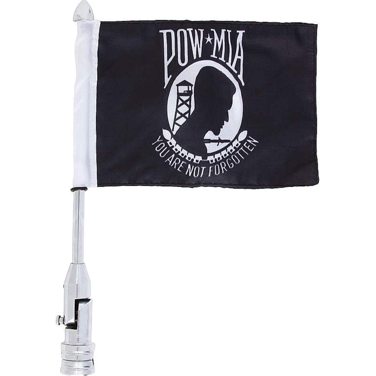Jillian Motorcycle Flagpole Mount & POW/MIA Flag, 13" Chrome-Plated Steel Pole, 6"x9" 2-ply Polyester Flag, Black/White