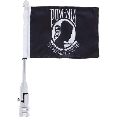 A black and white Daniel Smart Motorcycle Flagpole Mount & POW/MIA Flag, 13" Chrome-Plated Steel Pole, 6"x9" 2-ply Polyester Flag, Black/White with a white logo.