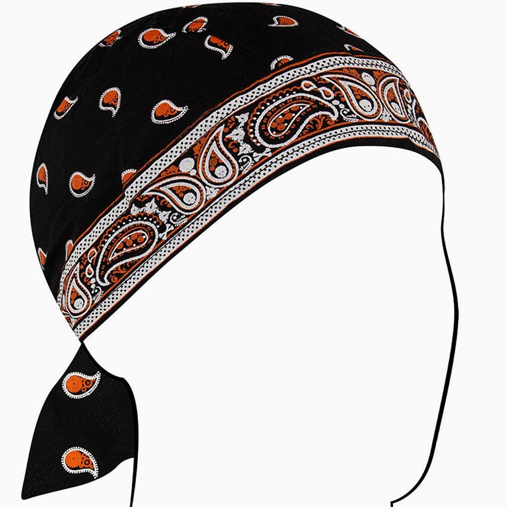ZANheadgear® Classic Black Bandana with White & Orange Pattern, 50+ UV Protection