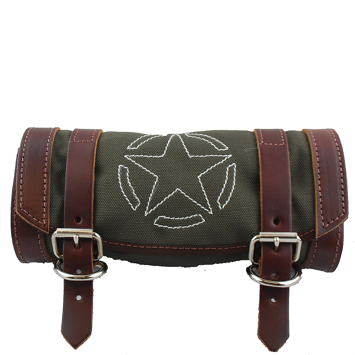 La Rosa Harley Chopper Bobber Universal White Star Canvas Front Fork Tool Bag, Army Green Canvas/Brown Leather Straps