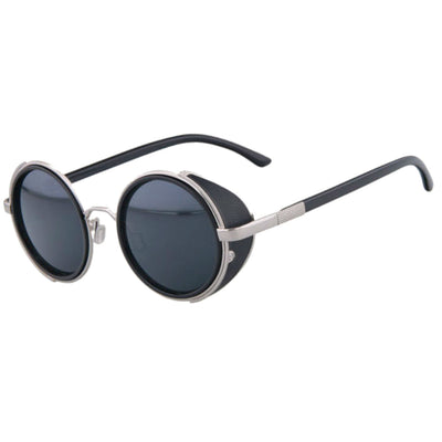 A pair of Motorcycle Vintage Round Sunglasses with black lenses and a vintage retro design.