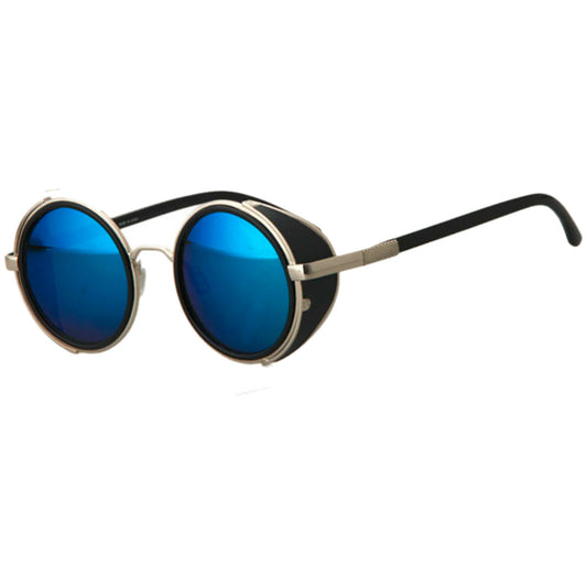 Motorcycle Vintage Round Sunglasses w/ UV 400 Protection, Silver/Blue