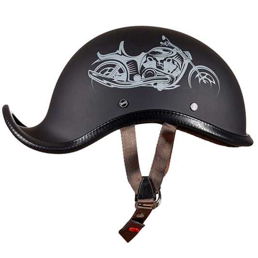 The Speeding Biker Vintage German Motorcycle Helmet features a black matte finish, a brown chin strap, and a silver motorcycle graphic on the side.