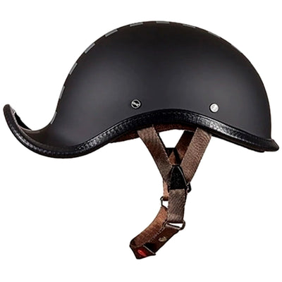 The Starting Point Vintage German Motorcycle Helmet is black with a brown chin strap and a small front visor, designed in a badass biker style.