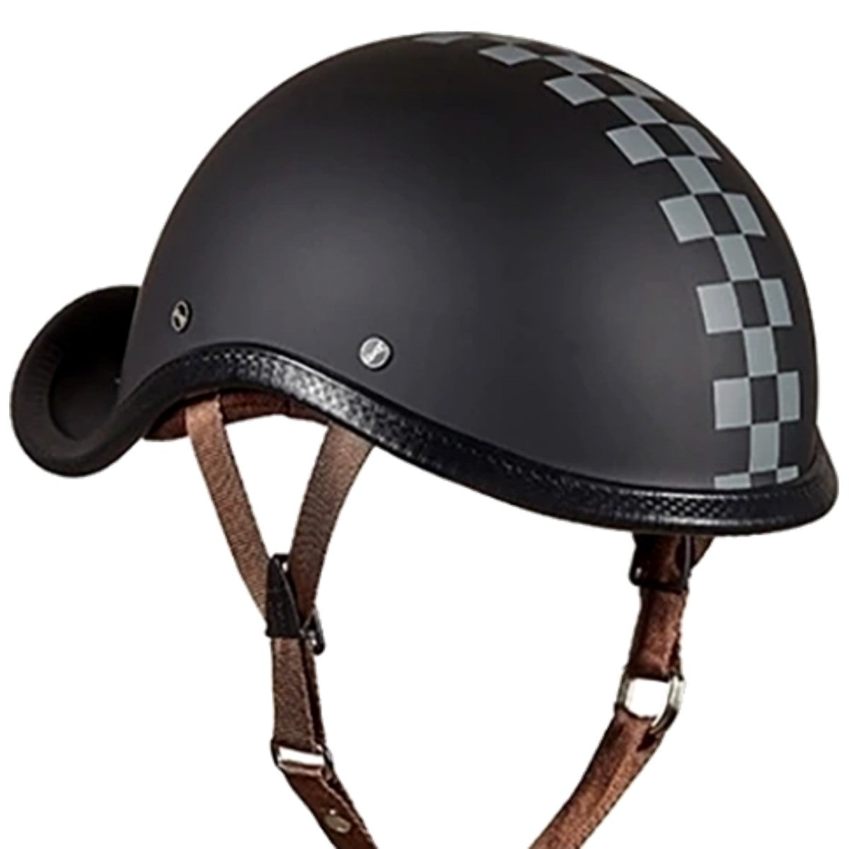 The Starting Point Vintage German Motorcycle Helmet is a matte black helmet with a checkered pattern on top, crafted from lightweight ABS plastic. It features brown chin straps with metal buckles—perfect for that badass biker style.