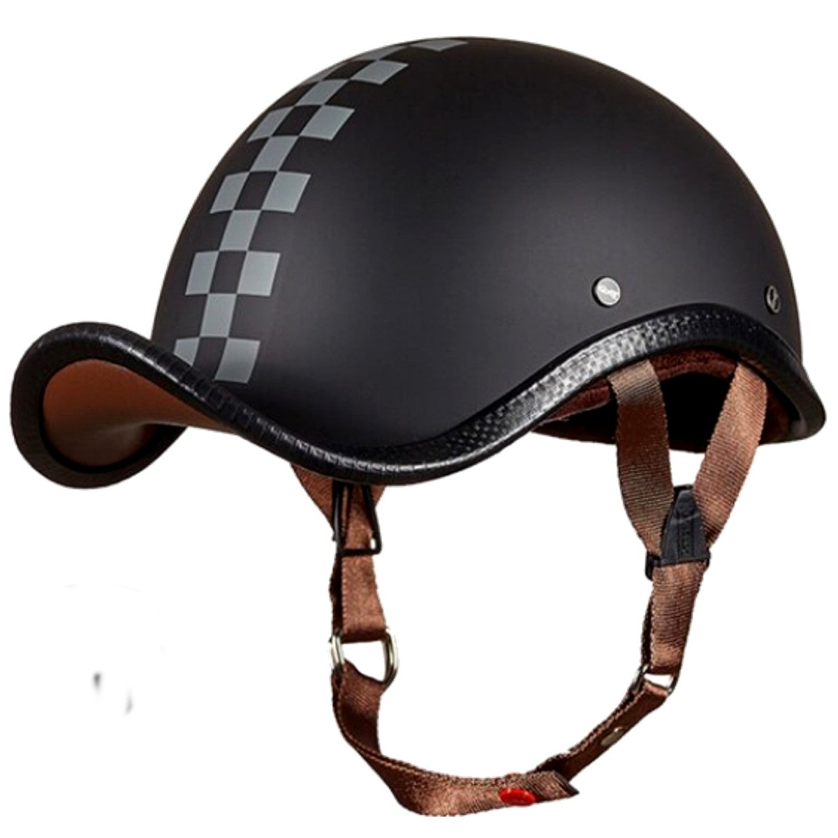 The Starting Point Vintage German Motorcycle Helmet is a lightweight ABS plastic black helmet adorned with a checkered stripe on top, featuring an extended front brim and brown adjustable chin straps, perfect for achieving that retro vintage look.