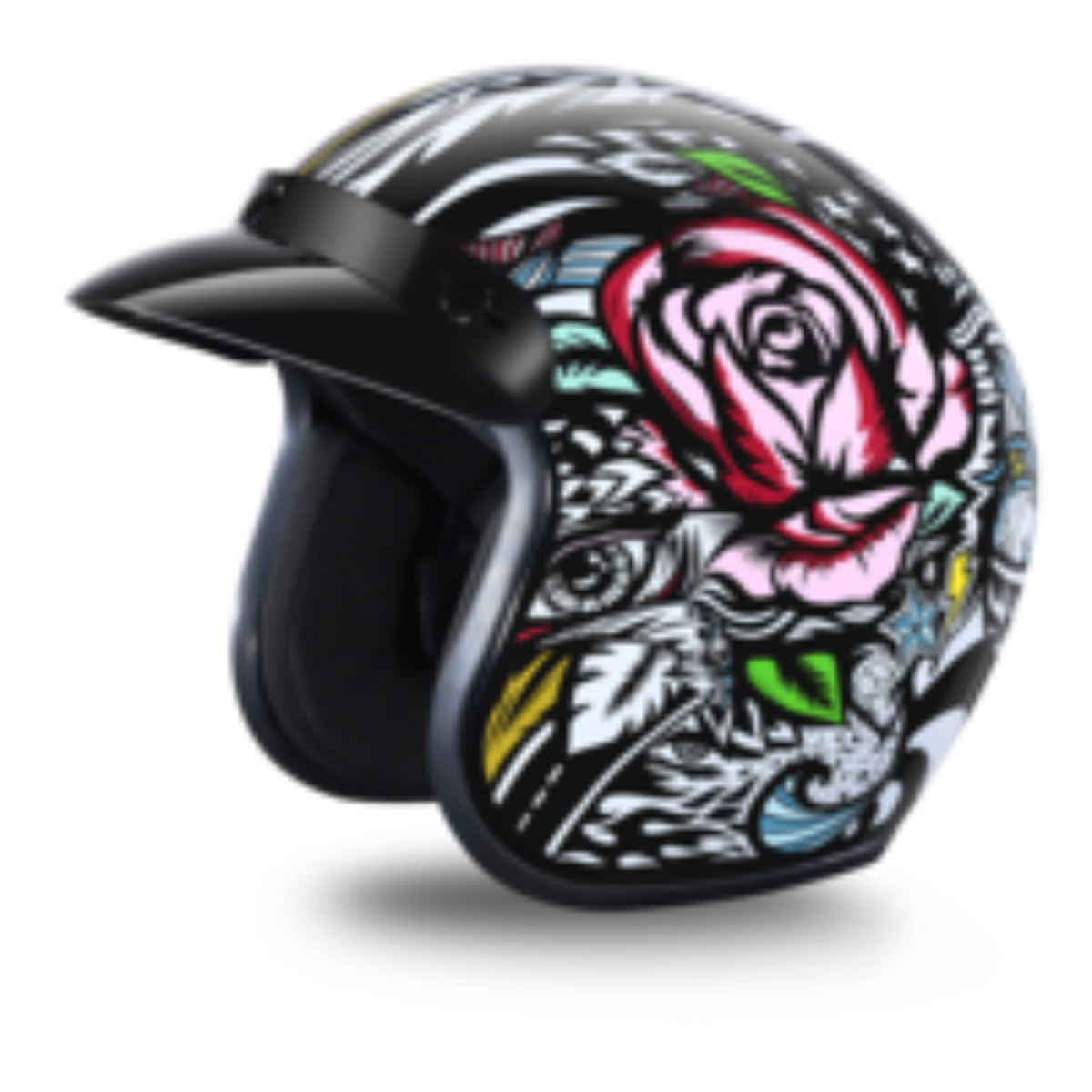 Daytona Cruiser DOT 3/4 open face motorcycle helmet in gloss black with colorful tribal tattoo rose graphic and removable black visor