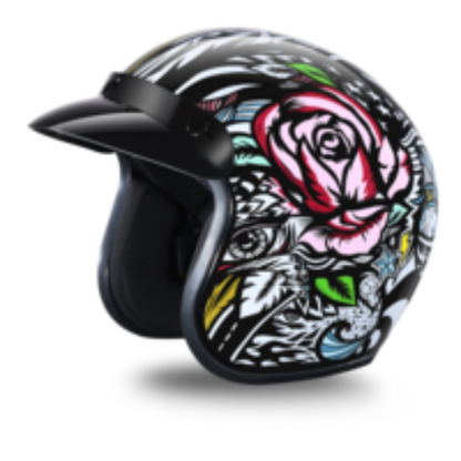 Daytona Cruiser DOT 3/4 open face motorcycle helmet in gloss black with colorful tribal tattoo rose graphic and removable black visor