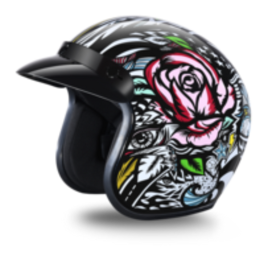 Daytona Cruiser DOT 3/4 open face motorcycle helmet in gloss black with colorful tribal tattoo rose graphic and removable black visor