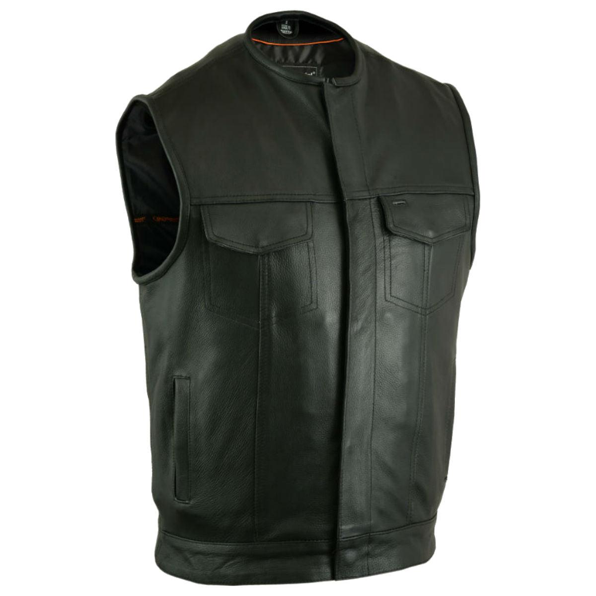 Daniel Smart Milled Cowhide Black Leather Vest w/ Concealed Snap Closure & Hidden Zipper - American Legend Rider