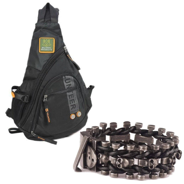 Biker Sling Backpack Single Strap Rucksack with Skeleton Chain Bracelet