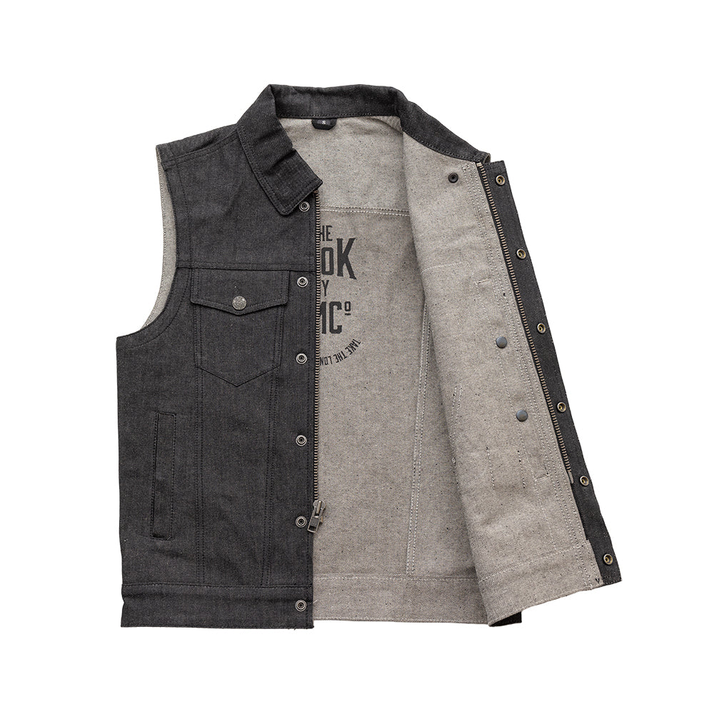 The First Manufacturing Rook - Men's Motorcycle Denim Vest features a gray, sleeveless denim design with front button closure, detailed chest pockets, and an inner print displaying text. The Rough Neck Raw Denim styling is open, showcasing the inner lining and printed design inside, making it perfect for achieving a motorcycle style shirt look.