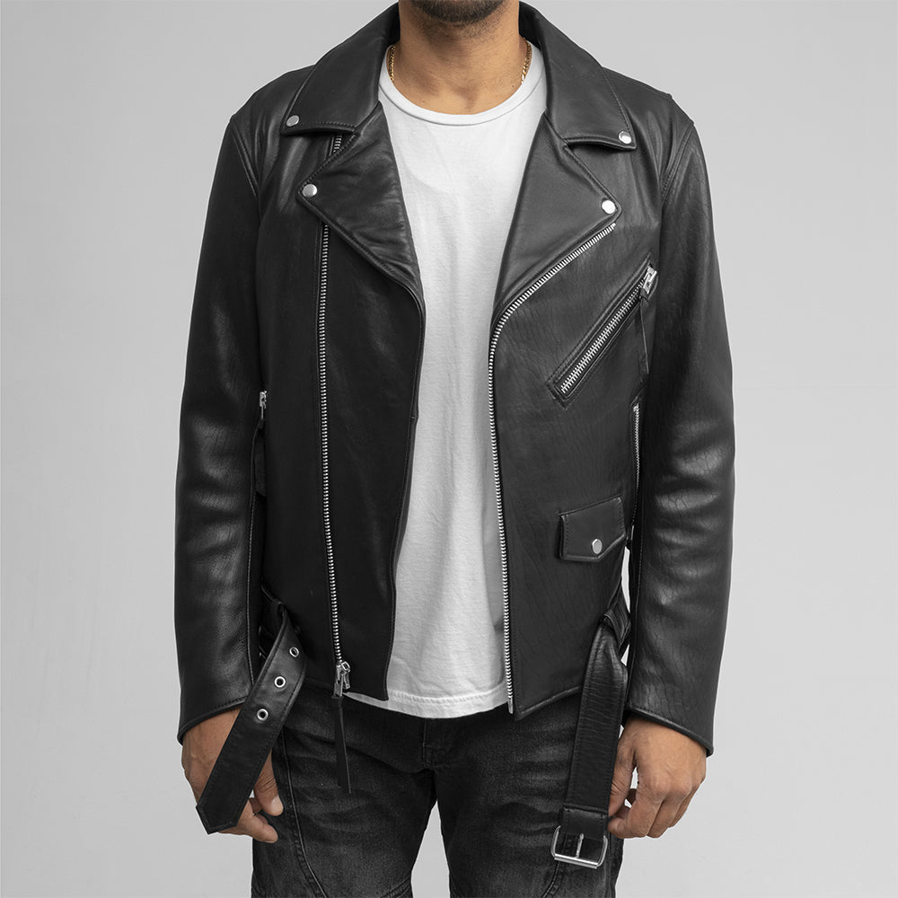 A man wearing a First Manufacturing Jay Men's Leather Jacket.