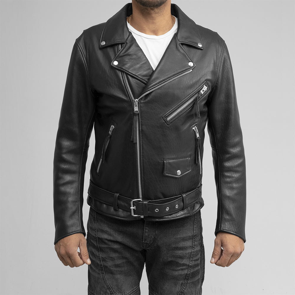 A man sporting a sleek First Manufacturing Jay Men's leather jacket.