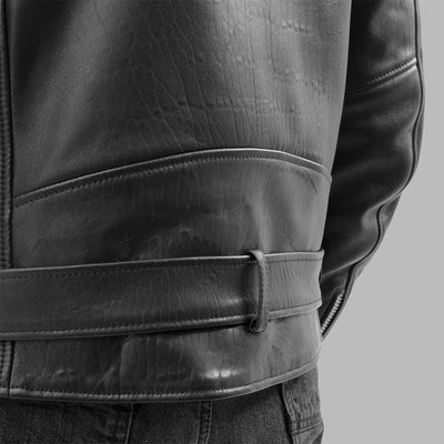 The back view of a man wearing the First Manufacturing Jay Men's Leather Jacket.