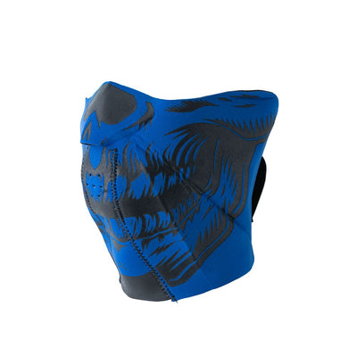 A stylish blue First Manufacturing Neoprene Full Face Riding Mask with a skull design, perfect as a fashion statement during motorcycle riding.