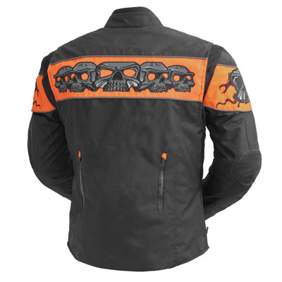A First Manufacturing Immortal Cordura Reflective Skulls motorcycle jacket with reflective skull designs.